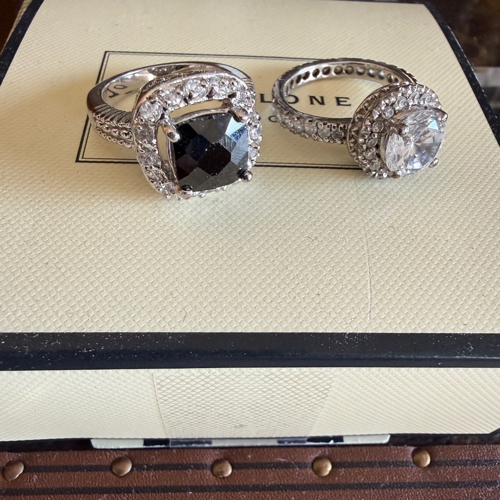 Sterling Silver Blk Onyx Halo Ring, Crystal Halo Ring Set sz 6 Statement Jewelry